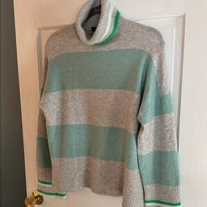 J. Crew Gray and Green Striped Turtleneck Sweater